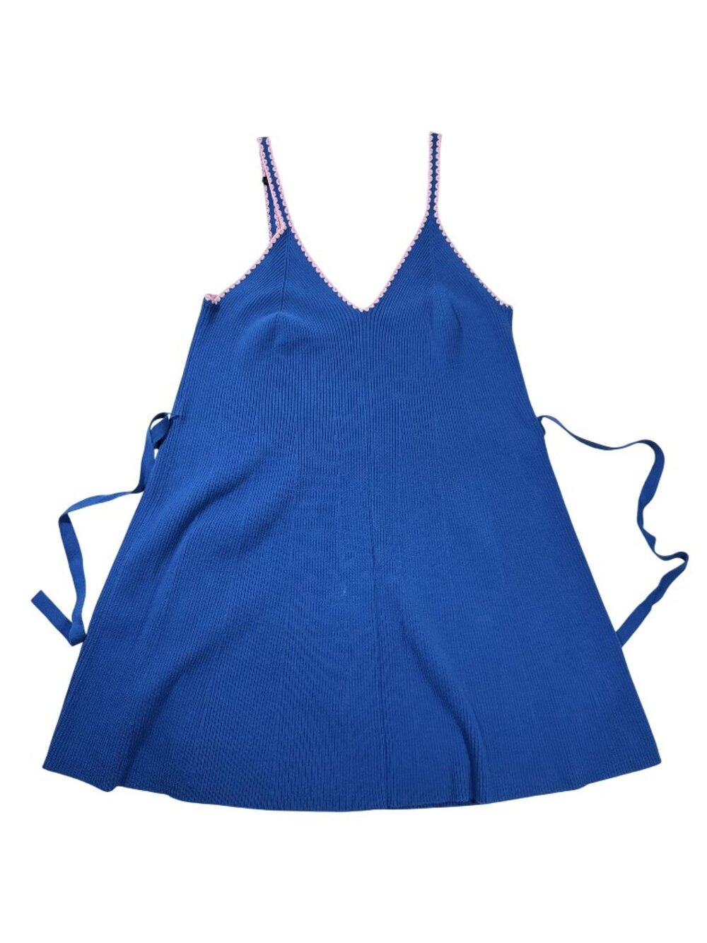 Boden Women’s Blue Ribbed Knit Pink Trim Sleeveless‎ Tie-Waist Dress Size 18L